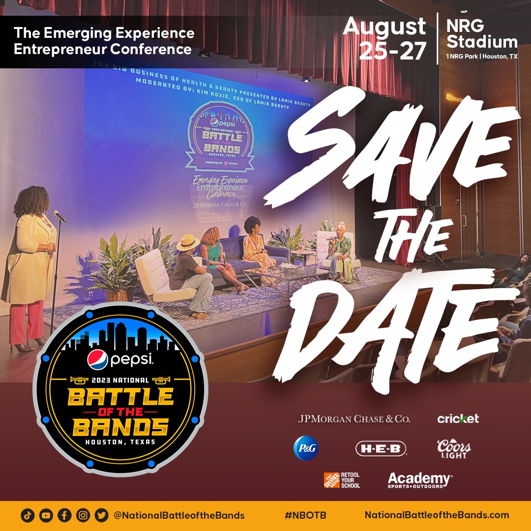 NationalBOTB's tweet photo. 💼 Pepsi #NBOTB: where dreams & empowerment collide! 🌟 Save the date: Aug 25-27, Houston. Don't miss our #EmergingExperience #EntrepreneurConference. Let's uplift small businesses & turn passions into success stories! 📈 #BusinessEmpowerment #WeAreHoustonSports https://t.co/3M59lqrPbe