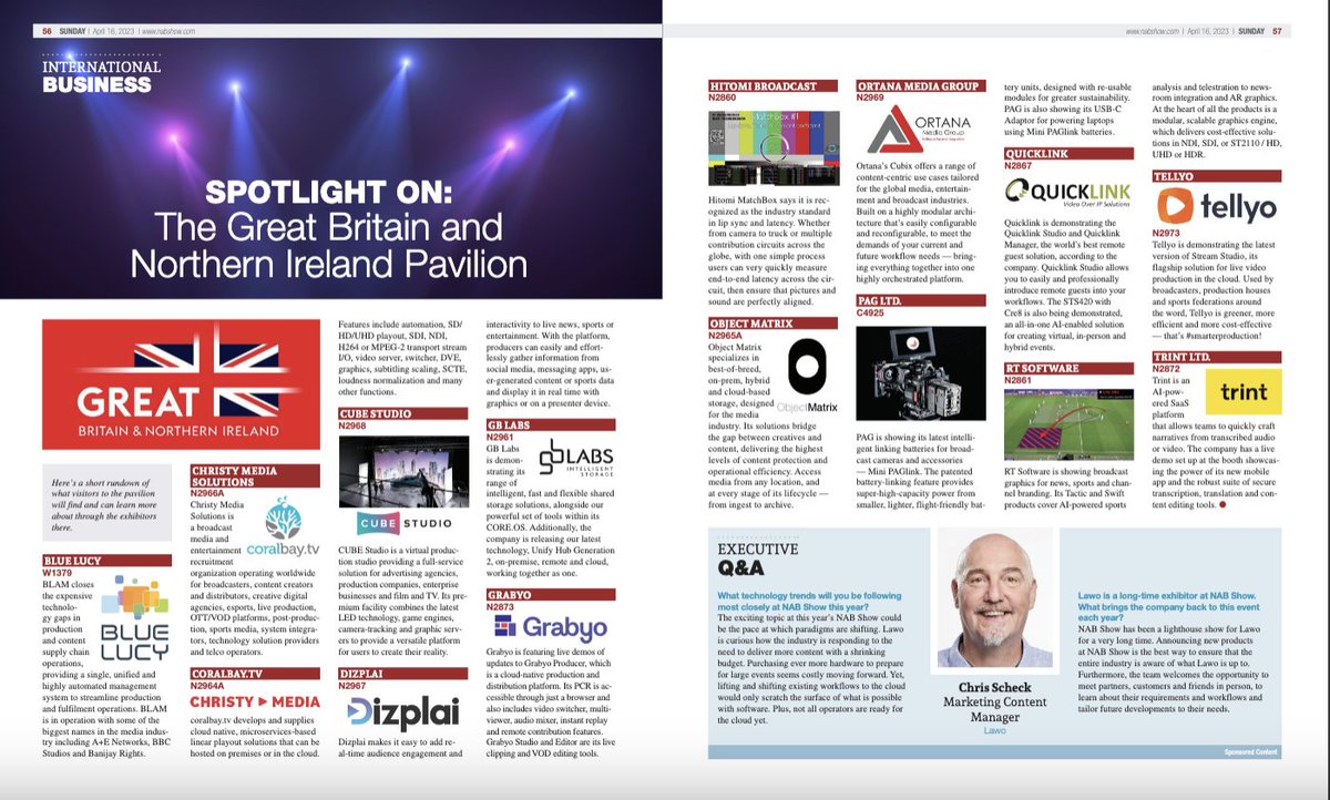 TFSUK's tweet photo. A great feature in the @NABShow Daily! Read about some of the companies exhibiting in the #UKPavilion. @BlueLucyMedia @coralbay_tv @ChristyMedia #CUBEStudio @Dizplai @GB_Labs @Grabyo @HitomiBroadcast @Object_Matrix @PAG_UK @QuicklinkLtd @ortanamg @TellyoTV @RTSoftware @TrintHQ https://t.co/2gpoffq5hg