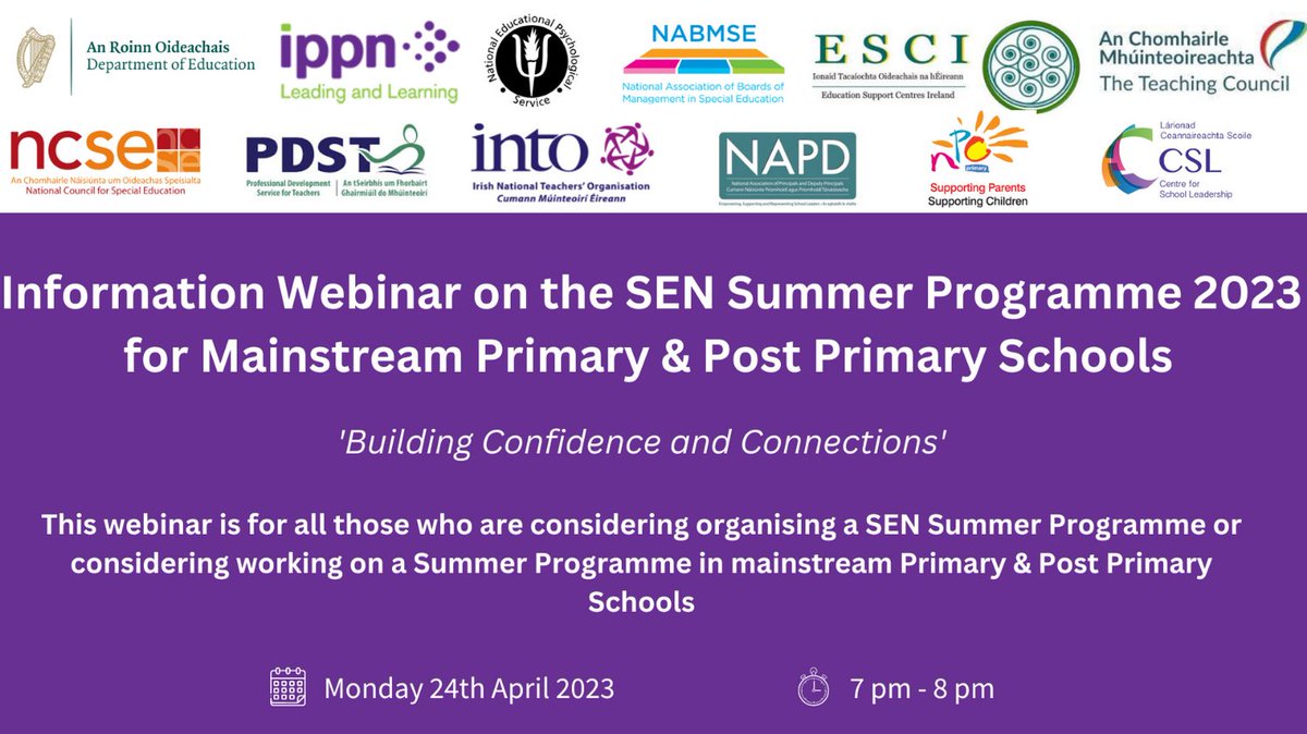 In this webinar the Department of Education Inspectorate will give an overview of the SEN Summer programme for both Mainstream Primary & Post Primary Schools. 

Register here: zoom.us/webinar/regist… 

#primaryschools #postprimaryschools #secondaryschools #irishschools