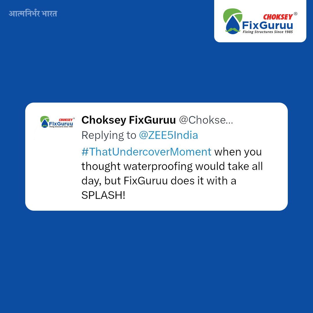 ChokseyFixGuruu's tweet photo. Smart work > hard work
No more waiting around all day! Waterproof with just a SPLASH!
Call us at 1800 220 474 or visit our website https://t.co/pVj7aXC09P to know more!
#ThatUndercoverMoment #FixGuruu #WaterproofingExpert #ChokseyChemicals #SPLASH https://t.co/2Sehh4xmCk
