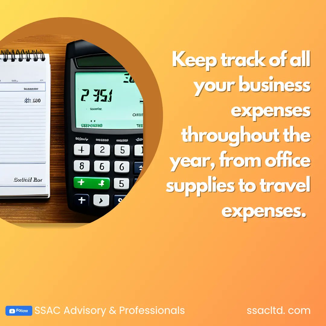 ssacltd's tweet photo. Keep track of all your business expenses throughout the year, from office supplies to travel expenses. You may be able to deduct them on your tax return, lowering your overall tax bill. #TaxSeasonTips #MaximizeDeductions #hack #ssacltd #advisory https://t.co/J4xtlYqaGc