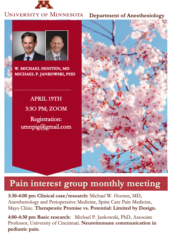 Ratan Banik (@talktoratan) on Twitter photo Join <a href="/UMNanes/">UMN Dept. of Anesthesiology</a> #pain interest group meeting on 4/19 at 3:30 pm CST via <a href="/Zoom/">Zoom</a> with Dr. Mike Hooten from Mayo (<a href="/MayoAnesRes/">MayoAnesthesiaResMN</a>) and <a href="/JankowskiLab/">Jankowski Lab</a> of <a href="/UCincyMedicine/">UC College of Medicine</a>
<a href="/jonhagedornmd/">Jon Hagedorn, MD</a> <a href="/BridgetPulos/">Bridget Pulos, MD, FASA</a> <a href="/forthewen/">Wen Zhong</a>
#MedTwitter <a href="/FutureAnesRes/">FutureAnesRes</a> #anesthesiology
📷 Zoom link - umnpig@gmail.com Join <a href="/UMNanes/">UMN Dept. of Anesthesiology</a> #pain interest group meeting on 4/19 at 3:30 pm CST via <a href="/Zoom/">Zoom</a> with Dr. Mike Hooten from Mayo (<a href="/MayoAnesRes/">MayoAnesthesiaResMN</a>) and <a href="/JankowskiLab/">Jankowski Lab</a> of <a href="/UCincyMedicine/">UC College of Medicine</a>
<a href="/jonhagedornmd/">Jon Hagedorn, MD</a> <a href="/BridgetPulos/">Bridget Pulos, MD, FASA</a> <a href="/forthewen/">Wen Zhong</a>
#MedTwitter <a href="/FutureAnesRes/">FutureAnesRes</a> #anesthesiology
📷 Zoom link - umnpig@gmail.com