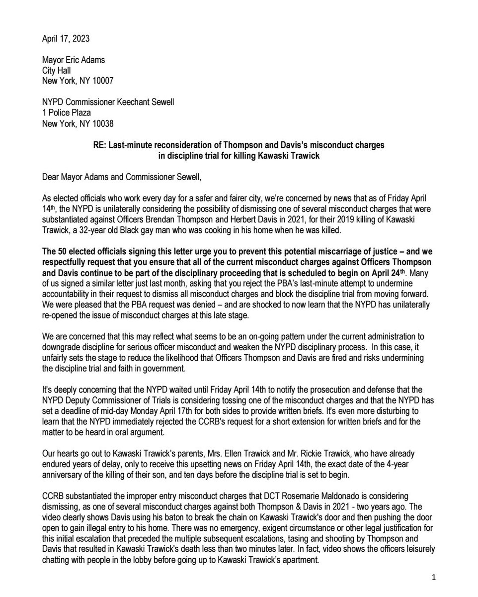 watchthecops's tweet photo. Thank you to 50 NYC electeds who sent a letter to @NYCMayor + @NYPDPC TODAY calling on them to immediately ensure ALL misconduct charges stand against NYPD Officers Brendan Thompson &amp; Herbert Davis for killing #KawaskiTrawick #FireThompsonAndDavis https://t.co/0ErGOJvAqU