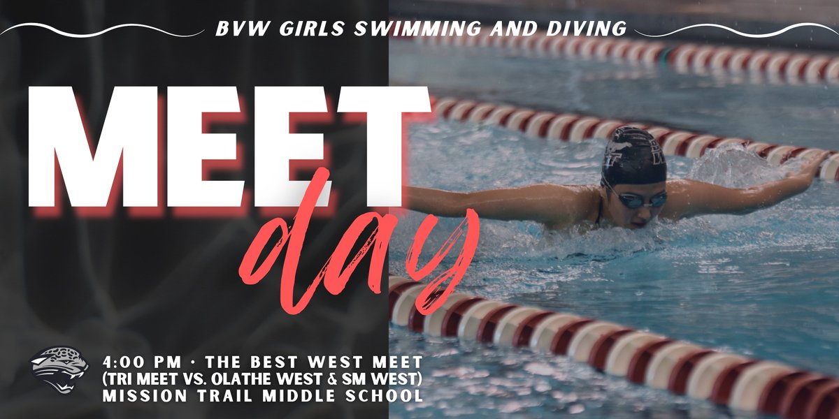 The Best West Meet is TODAY! Watch the Jags face off against Olathe West and Shawnee Mission West to see who is the "Best of the West"!

⏱4:00pm
📍Mission Trail Middle School
🆚OW <a href="/owgirlsswimdive/">OW Girls Swim and Dive</a> / SMW @SMWswimanddive
🎟Free Admission
📱Program &amp; Results on Meet Mobile