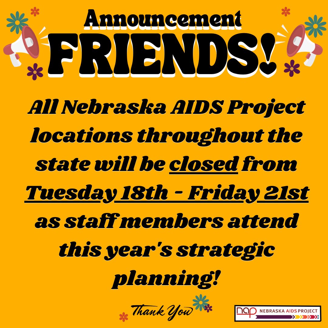 neAIDSproject's tweet image. 🌸 Oh, hi friends!

#Nebraska #NebraskaAIDSProject #annoucement #april #officeclosed #strategicplanning