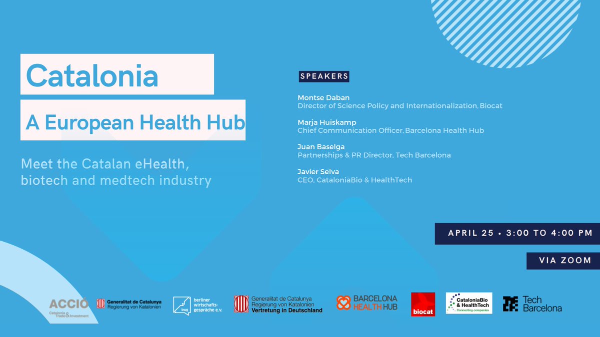 Catalonia is one of the leading European regions in #healthcare and life sciences. BHH's <a href="/MarjaHuiskamp/">Marja Huiskamp</a> joins a webinar organized by <a href="/accio_cat/">ACCIÓ</a> and <a href="/Catalonia_TI/">Catalonia Trade & Investment</a> to talk about the #digitalhealth ecosystem of Barcelona Health Hub. See 👉 barcelonahealthhub.com/news/2023/04/1…