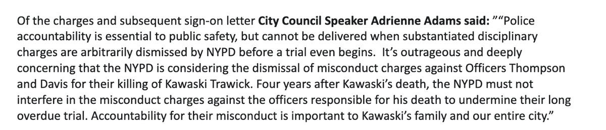 Joo-Hyun (joohyunkang@bsky.social) (@joohyun_kang) on Twitter photo TY <a href="/NYCSpeakerAdams/">Adrienne Adams</a>: “It’s outrageous & deeply concerning that the NYPD is considering the dismissal of misconduct charges against Officers Thompson and Davis for their killing of Kawaski Trawick".
Speaker Adams full statement is below & here: justicecommittee.org/post/50-nyc-el… TY <a href="/NYCSpeakerAdams/">Adrienne Adams</a>: “It’s outrageous & deeply concerning that the NYPD is considering the dismissal of misconduct charges against Officers Thompson and Davis for their killing of Kawaski Trawick".
Speaker Adams full statement is below & here: justicecommittee.org/post/50-nyc-el…
