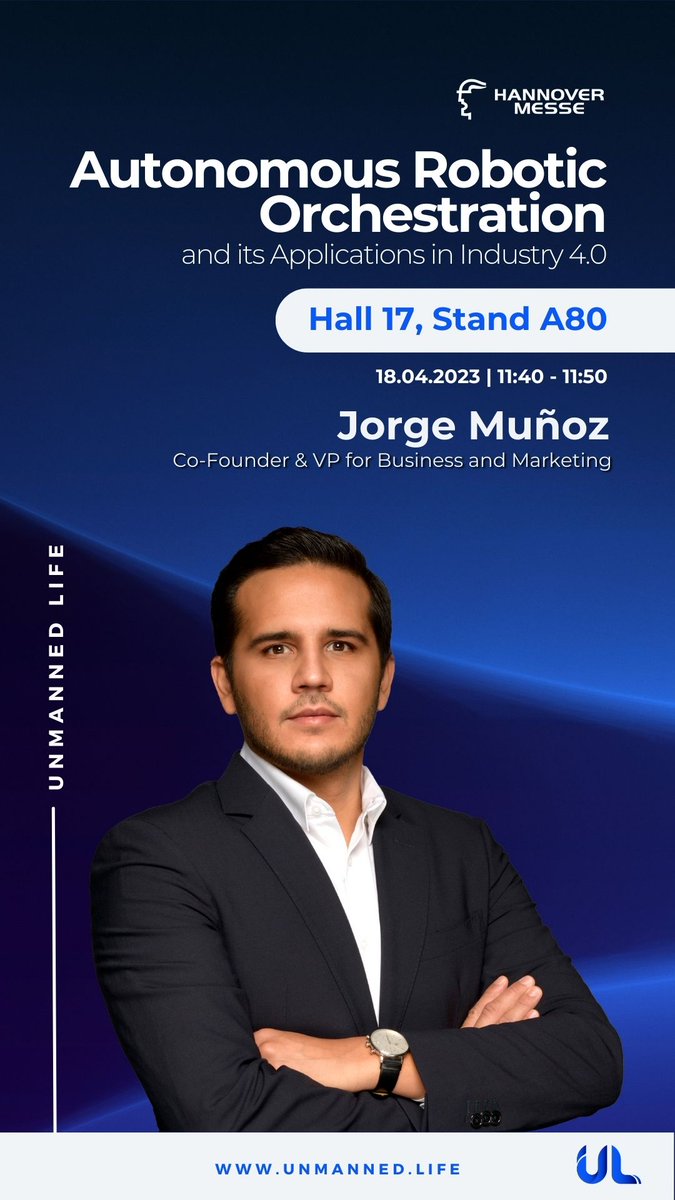 Tomorrow is the day! 🙌 Jorge Muñoz, Co-Founder and VP for Business and Marketing will be speaking at the Industrial Startup stage in <a href="/hannover_messe/">HANNOVER MESSE</a>.

The topic will be: The Autonomous Robotic Orchestration ad its Applications in Industry 4.0

Watch all the details below 👇#HM23