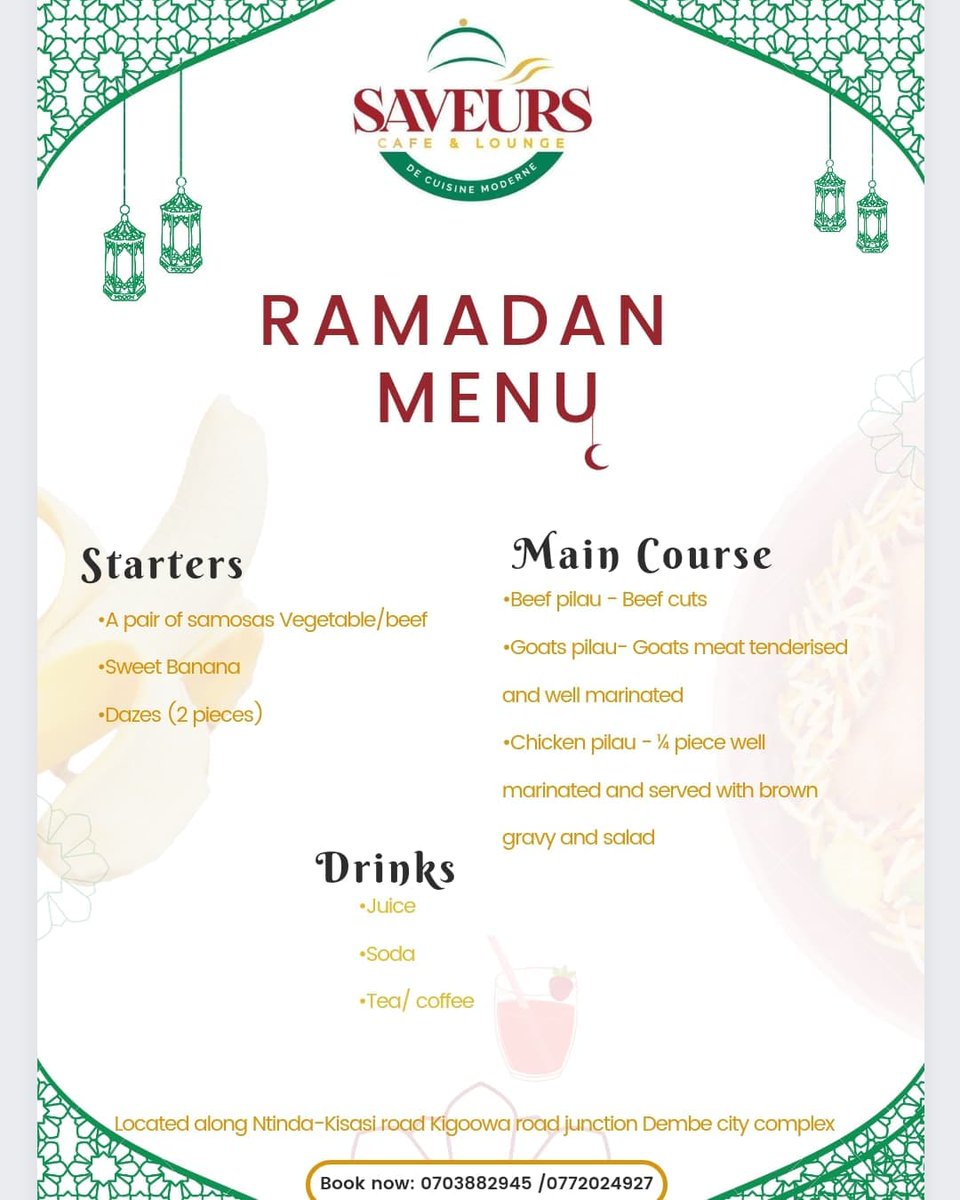 SAVEURS_LOUNGE's tweet photo. Dear Muslims ☪️ have u checked out our Ramadan Menu ? If not please do and make your orders from the above contacts.🙏 #muslims #ramadanmenu #islam. https://t.co/Pzmuw3dcuz