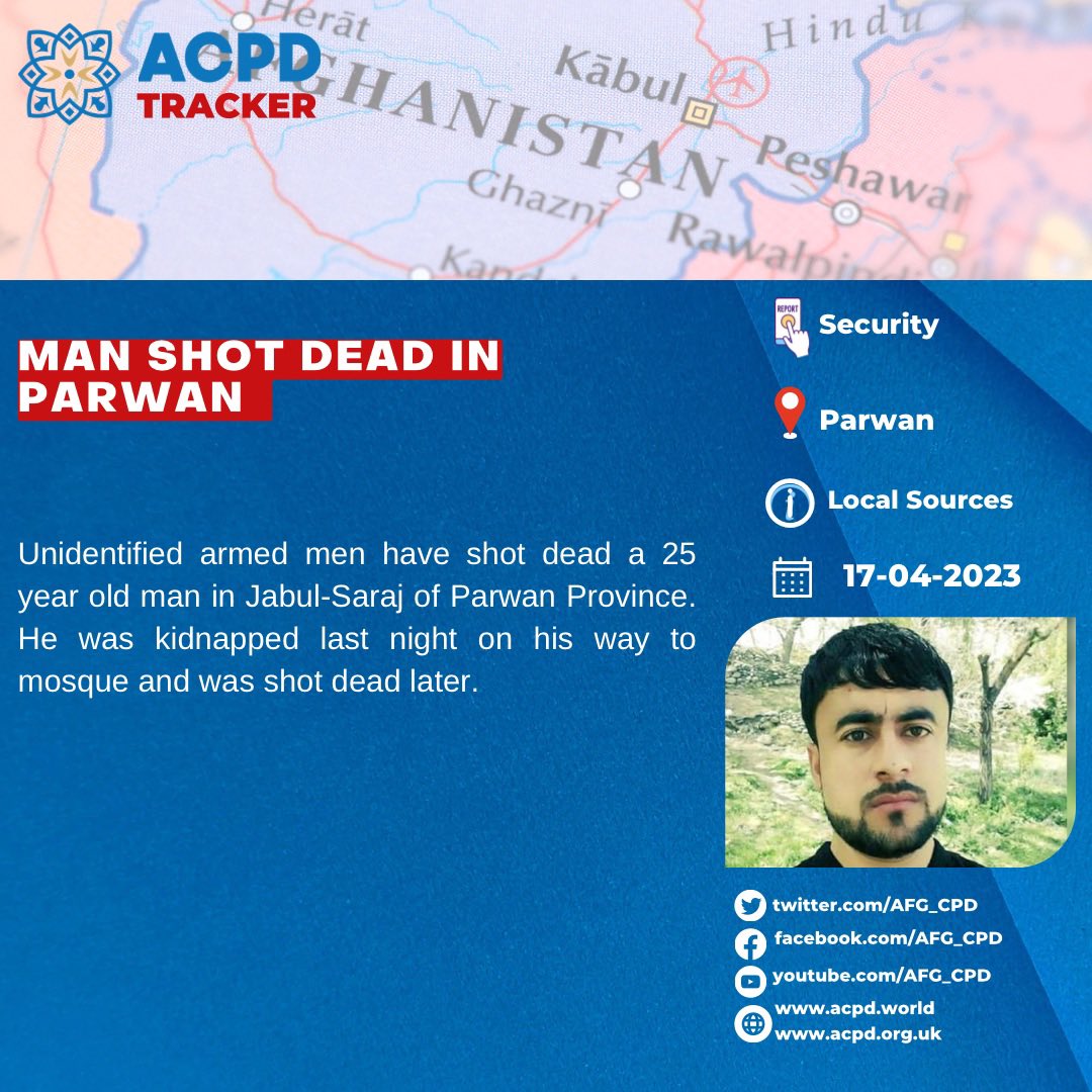 acpd_tracker's tweet photo. Man shot dead in Parwan  Province https://t.co/SL4dlRnns9