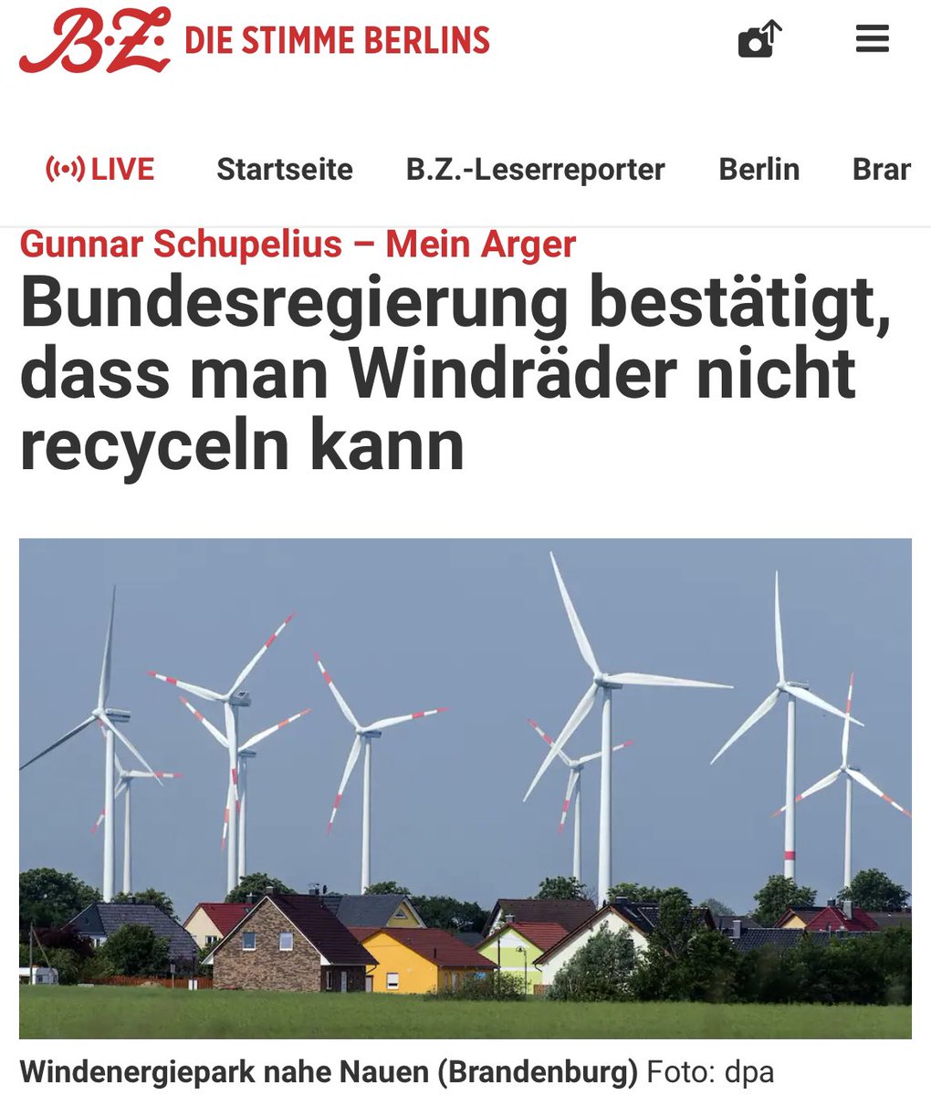 "Um die Stromproduktion nur eines Atomkraftwerkes im Jahresmittel zu ersetzen, werden mindestens 1250 Windräder gebraucht. Die reine Zahl ist dabei nicht die einzige Sorge. Die Windräder werfen ein Müllproblem auf, das vollkommen ungelöst ist. Die gewaltigen Rotorblätter aus