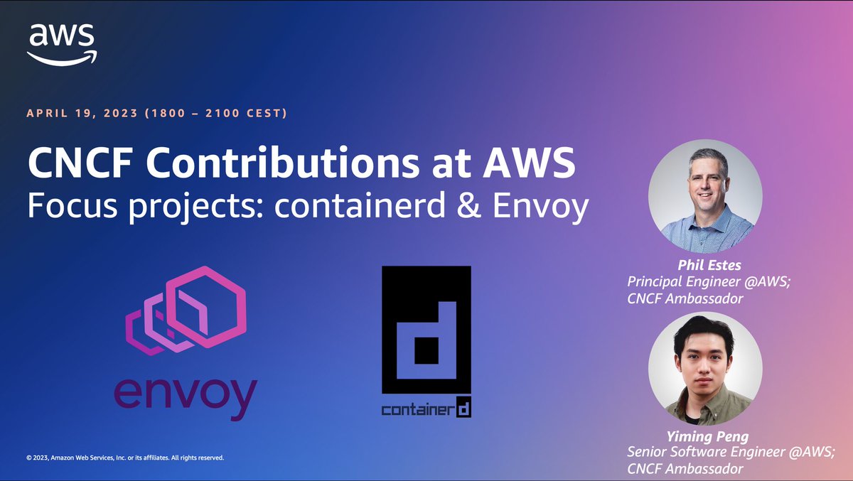 AWSOpen's tweet image. Join Yiming Peng and Phil Estes, CNCF ambassadors and AWS engineers, at our virtual Container Day Tuesday before KubeCon to talk #containerd and #Envoy. Then meet our open source experts at the booth and learn more about #CNCF contributions. go.aws/3GG6Eqr