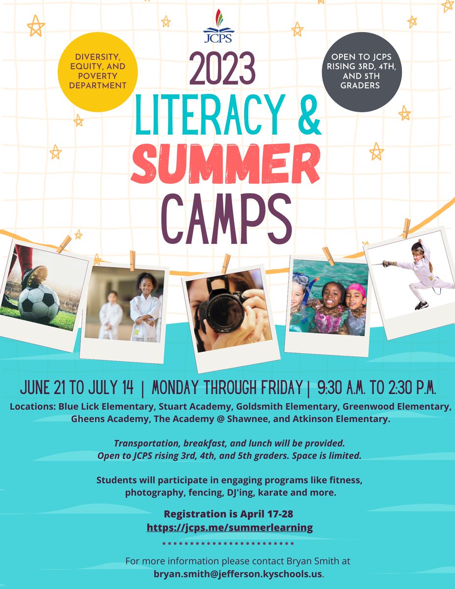 Summer is around the corner and we are now accepting registrations for our Summer 2023 "Literacy &amp;" Camps.  

Summer camp themes will include fitness, photography, fencing, DJ'ing, karate and more!  

Register online at jcps.me/summerlearning.