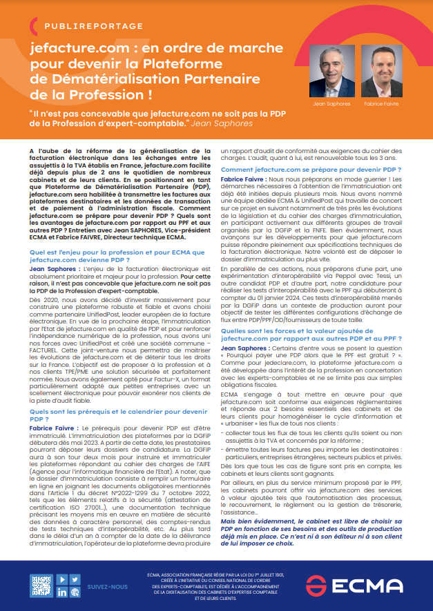 Tribune jefacture.com dans la #RFC 📰 jefacture.com : en ordre de marche pour devenir la Plateforme de Dématérialisation Partenaire de la Profession ! 👉 Retrouvez la tribune de @JeanSaphores, Vice-Président ECMA et Fabrice Faivre, Directeur technique ECMA.