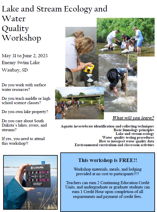 SDSTA's tweet photo. Happy Monday! Let's start this week with a *FREE* professional development opportunity at the lovely Enemy Swim Lake in Waubay!
This workshop is open to teachers, lakefront property owners, and more. Grad credit is available as well! See the link in the replies for more info! https://t.co/x4X4T4Uhts