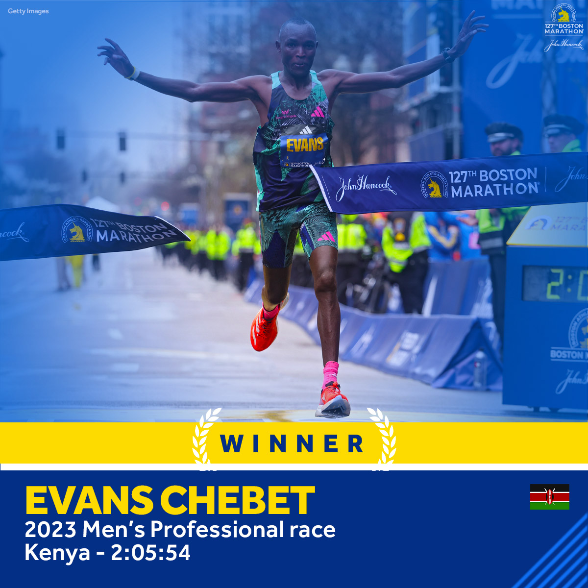 Back to back! 🥇 Congratulations to Evans Chebet of Kenya, the men's winner of the 127th running of the Boston Marathon -- his second win in a row. #Boston127