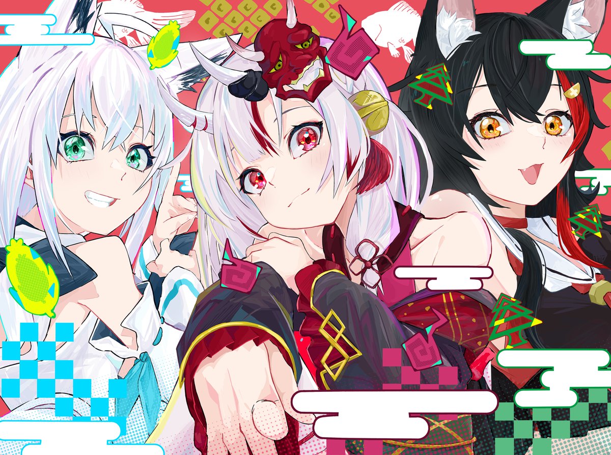 nakiri ayame ,ookami mio ,shirakami fubuki multiple girls animal ears fox ears white hair wolf ears oni horns looking at viewer  illustration images