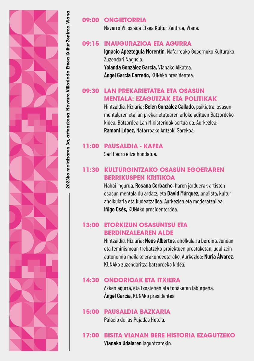 El próximo 3 de mayo celebramos en Viana los
IX Encuentros Profesionales Gestionar Cultura/Kultur Kudaketaren IX Topaketa Profesionalak.
"Por un futuro saludable/Etorkizun osasuntsuaren alde.
Inscripciones aquí: gestionculturana.org/sin.../inscrip…
#GestionarCultura #kulturadeatu #Kuna