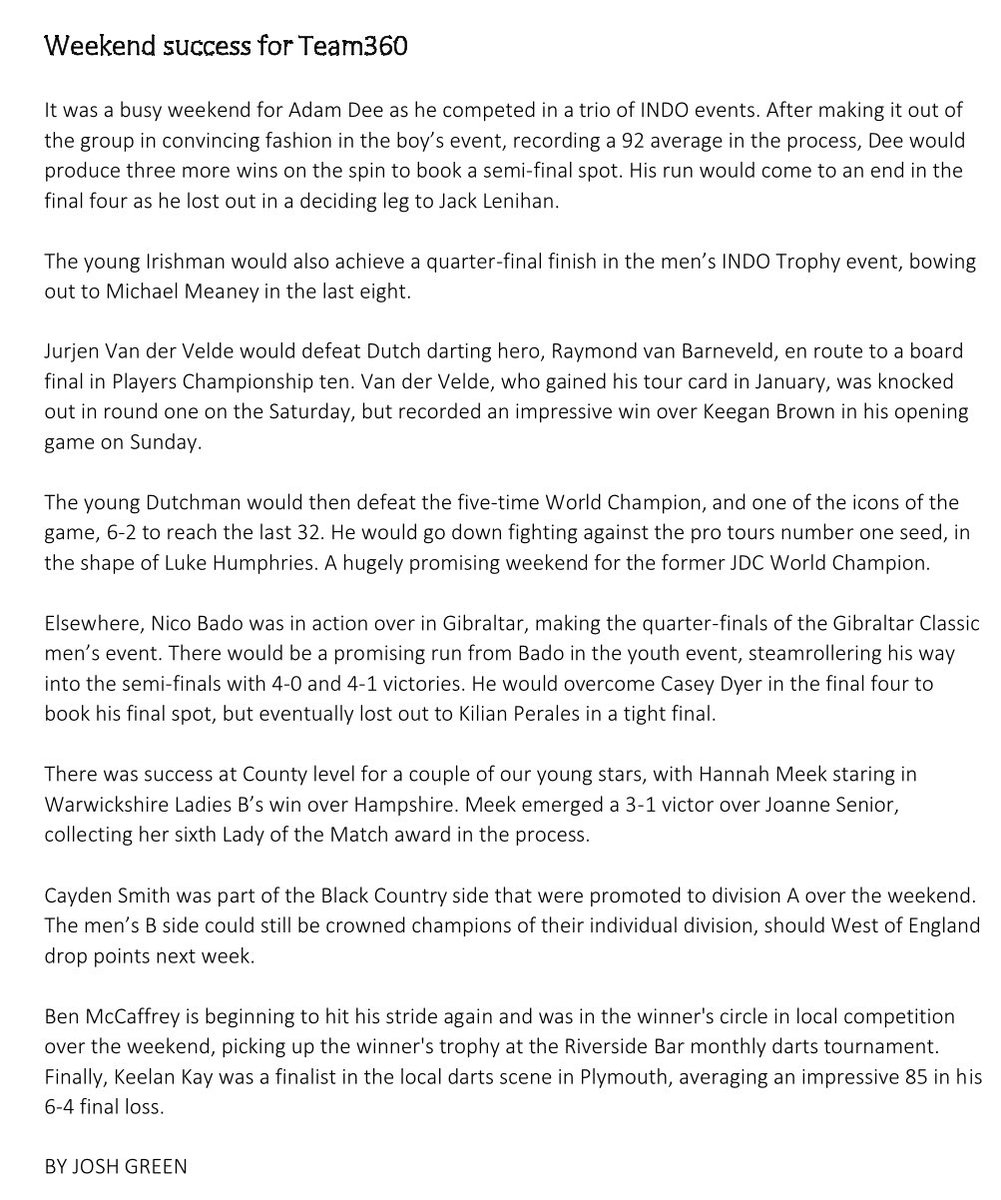 <a href="/AdamDee180/">Adam Dee</a> Irelands No1 🇮🇪 

Our weekly round up of <a href="/Winmau/">Winmau</a> Team360 players from across the globe

This week Adam grabs the headlines as <a href="/jurjen_velde180/">Jurjen van der Velde</a> impresses again on the PDC Pro Tour

🖊️ <a href="/JoshGreenMedia/">Josh Green</a>