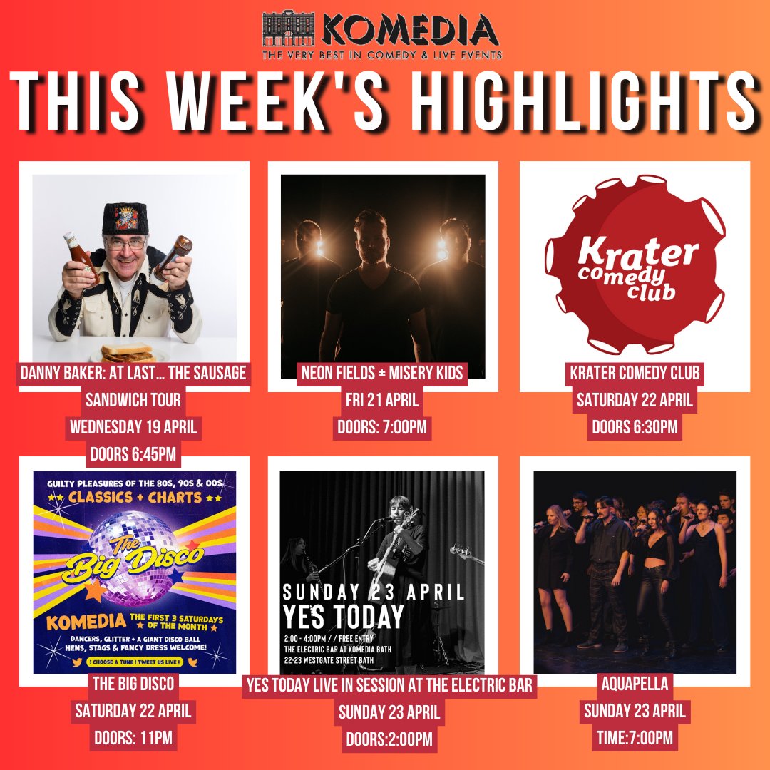 THIS WEEK'S HIGHLIGHTS AT KOMEDIA BATH 🎶🎤🎭 . We have a fantastic week of events featuring the @prodnose, @NeonFieldsBand + @miserykidsmusic, Krater Comedy Club, The Big Disco, Yes Today, and @AquapellaBath ! . Remaining tickets for these shows🎟️- komedia.co.uk/bath/whats-on/