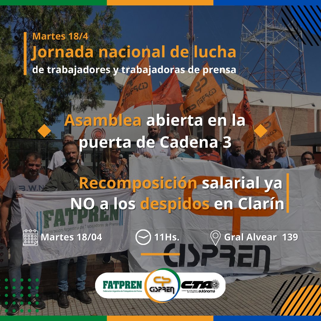 Cispren's tweet photo. ✊🏽 Jornada nacional de lucha y Asamblea abierta - 📅 Martes a las 11⏰ en la puerta de Cadena 3
💪🏼 Después del histórico PARO, las y los trabajadores de prensa de Córdoba continuamos nuestro plan de lucha por un salario digno y mejores condiciones de trabajo para todos/as https://t.co/eZ9lTy85CE