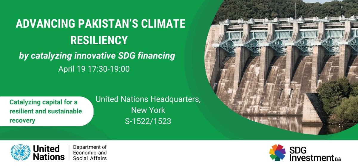 UN DESA (@undesa) on Twitter photo 📢 At the #SDGFair: view investment projects in Pakistan 🇵🇰 aimed to advance climate resilience & sustainable development. 
Register to get access to a side event in partnership with <a href="/GovtofPakistan/">Government of Pakistan</a> & <a href="/UNDP_Pakistan/">UNDP Pakistan</a>: un.org/development/de…
🗓️19 April⏰5:30 pm EST
#Fin4Dev 📢 At the #SDGFair: view investment projects in Pakistan 🇵🇰 aimed to advance climate resilience & sustainable development. 
Register to get access to a side event in partnership with <a href="/GovtofPakistan/">Government of Pakistan</a> & <a href="/UNDP_Pakistan/">UNDP Pakistan</a>: un.org/development/de…
🗓️19 April⏰5:30 pm EST
#Fin4Dev