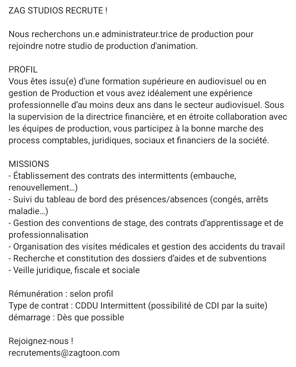 base_poppy's tweet photo. #ZAGStudios I Recrutement👔
Les studios ZAG recherche activement un administrateur de production!
🐞🐾 https://t.co/BEjf4czYwN