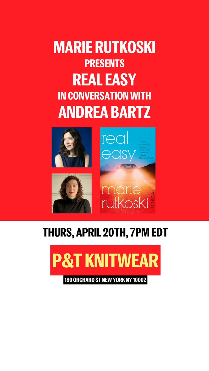 Marie Rutkoski (@marierutkoski) on Twitter photo Very excited for my event this Thursday, April 20, with <a href="/andibartz/">Andrea Bartz</a> at <a href="/ptknitwear/">P&T Knitwear | Books and Podcasts</a>, 7-8 PM. We will be celebrating the paperback launch of REAL EASY, an NYT Crime Novel of the Year. Very excited for my event this Thursday, April 20, with <a href="/andibartz/">Andrea Bartz</a> at <a href="/ptknitwear/">P&T Knitwear | Books and Podcasts</a>, 7-8 PM. We will be celebrating the paperback launch of REAL EASY, an NYT Crime Novel of the Year.