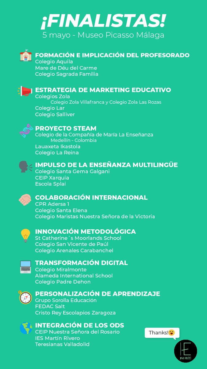 ✨¡YA TENEMOS FINALISTAS!✨
Nuestro jurado nos reconoce que ha sido dura la elección, muchas gracias a todas las Instituciones que han prensando buenas prácticas y ENHORABUENA a los finalistas.
#PremiosIE23 #Málaga #Finalistas