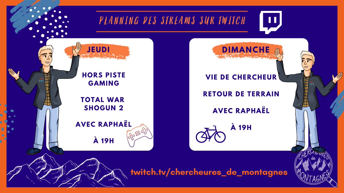 🚨Découvrez le planning de #stream de la semaine !📆

🟠 Jeudi à 19h : #HorsPiste #gaming avec <a href="/RaphaelLachello/">Raphaël Lachello</a> sur #TotalWarShogun2 🎮👨‍💻

🟣 Dimanche à 19h : #VieDeChercheur avec Raphaël, retour sur sa semaine de terrain 🌳⛰️🚲 

👉🏻 twitch.tv/chercheures_de…