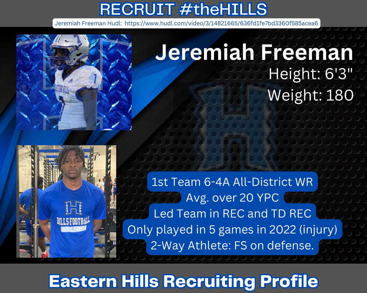 Recruit #theHILLS Player Profile: @jeremiahh4x GPA: 3.46 Track & Field Area Qualifier: 4 x 200m Dependable, Coachable, and Consistent. @TCUFootball @BUFootball @TexasFootball @TexasTechFB @MSUTexasFB @DMNGregRiddle @GPowersScout @dctf @ACUFootball