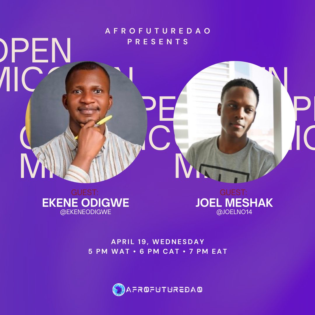 🌍🎨 Just one day left until our #OpenMic event on Afrofuturism and NFT art! Don't miss this chance to hear from talented African artists <a href="/Joelno14/">A Thousand Islands</a> &amp; <a href="/Ekeneodigwe/">Ekene Odigwe</a>.

Set your reminders for tomorrow: x.com/i/spaces/1BdxY…

#Afrofuturism #NFTArt