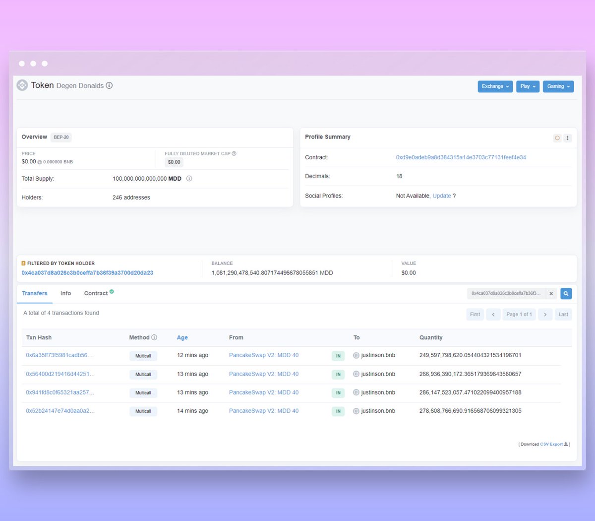 Tron founder <a href="/justinsuntron/">H.E. Justin Sun 👨‍🚀 🌞</a>  bought a shitload of the new memecoin <a href="/degendonalds/">Degen Donalds</a> $MDD 30 mins back!

bscscan.com/token/0xd9e0ad…

It's a new memcoin i think it will shoot up like crazy!

Still MC only: 100K 

$pepe $trx $doge $shiba $floki $volt