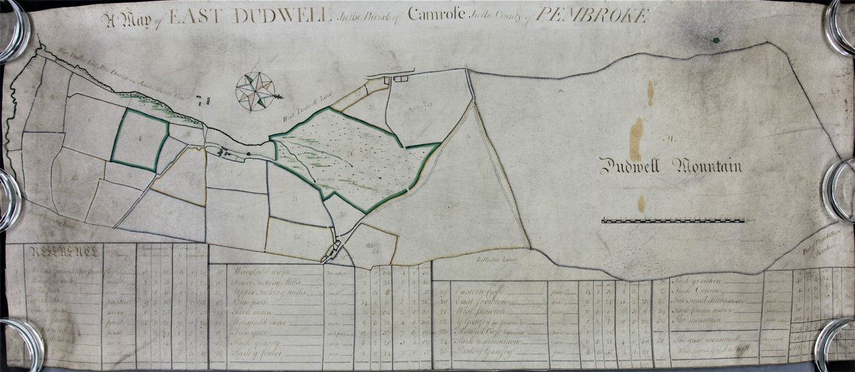A #MapMonday #ArchiveMystery
This is of East Dudwall in Camrose. It provides the field names and acreages and has a scale of chains. But there is no sign of a date or a record of the surveyor. However, internal evidence points to the map predating 1786.

🗺️HDX/1387/1
#Archive30