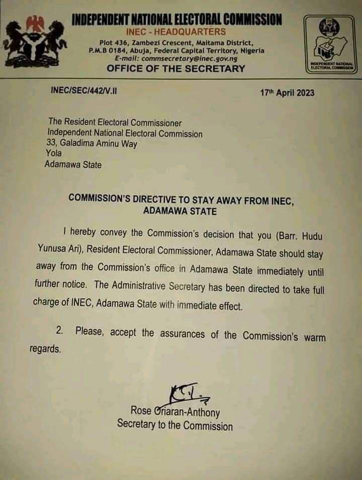 EricSelven's tweet photo. INEC has finally suspended the Adamawa REC with immediate effect. It shouldn't end here, he should face trial for treason.
#fintiri,#Binani ,#gotocourt ,#INEC ,#Adamawarerun . https://t.co/YHplupTZjI