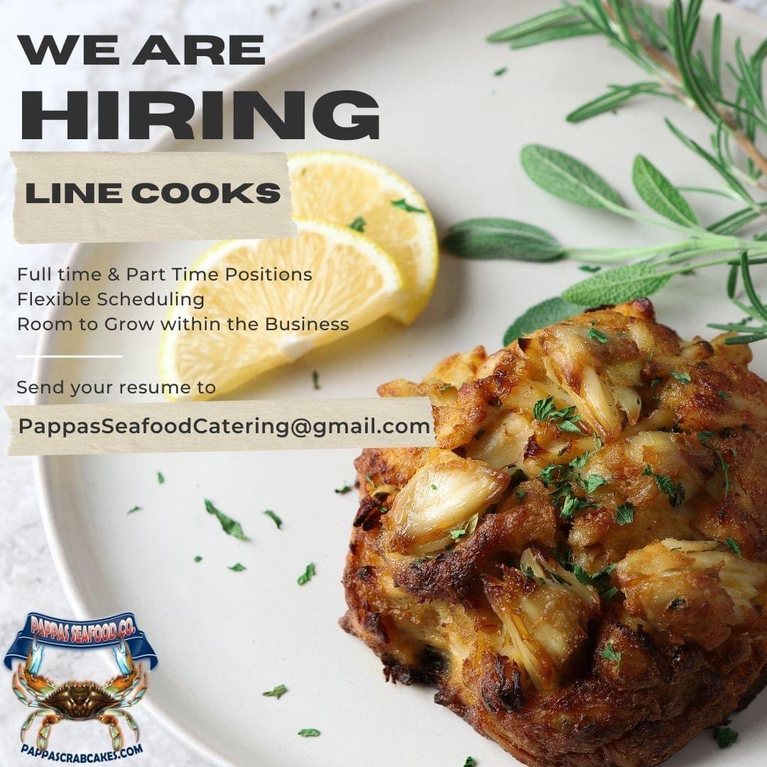 PappasSeafoodCo's tweet photo. Join our team! We're looking for line cooks to add to our amazing staff. No prior experience is needed, we'll train you every step of the way.

Enjoy employee discounts on food, flexible scheduling and more, while working with the best seafood in MD!
(1/2) https://t.co/S2ggsbDn5F
