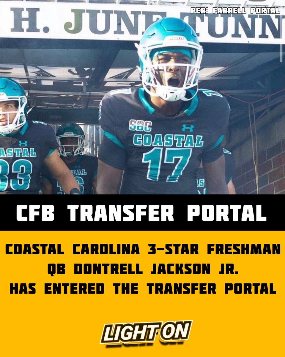 Coastal Carolina 3-Star freshman QB Dontrell Jackson Jr. has entered the transfer portal, per <a href="/farrellportal/">FarrellPortal</a> .

<a href="/trelljackson17/">Dontrell Jackson Jr.</a>