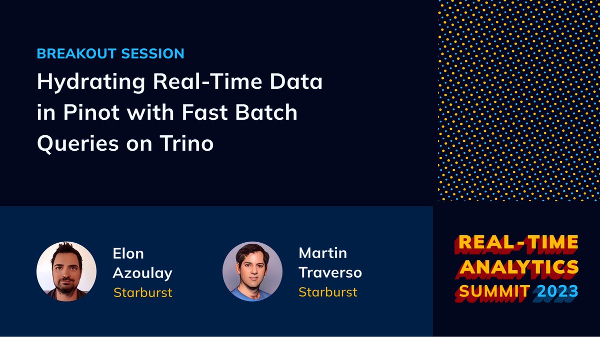 starburstdata's tweet image. 🚀 Starburst will be at the Real-time Analytics Summit on April 25-26!

✨ Martin Traverso and Elon Azoulay are leading the discussion, &quot;Hydrating Real-Time Data in Pinot with Fast Batch Queries on Trino&quot;.

Register now: okt.to/P4DFh6
#trinodb #apachepinot