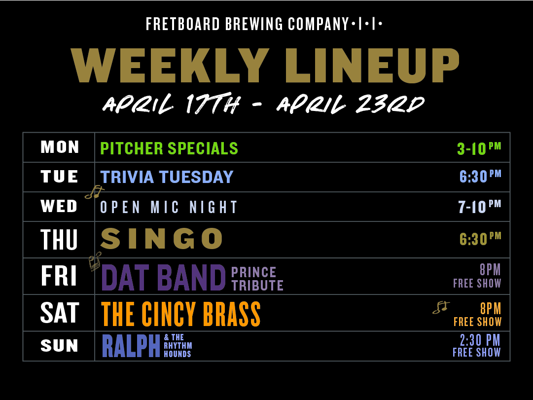 This FRI, celebrate Prince's music and legacy with @DatBandCincy! 8P

Hometown favorite <a href="/TheCincyBrass/">The Cincy Brass</a> kicks brass on SAT for an evening of big horns and big fun. 8P

SUN- Ralph and the Rhythm Hounds video shoot in the taproom! 2:30-4:30P

All free shows! 🤟🍻

#fretboardbrewing