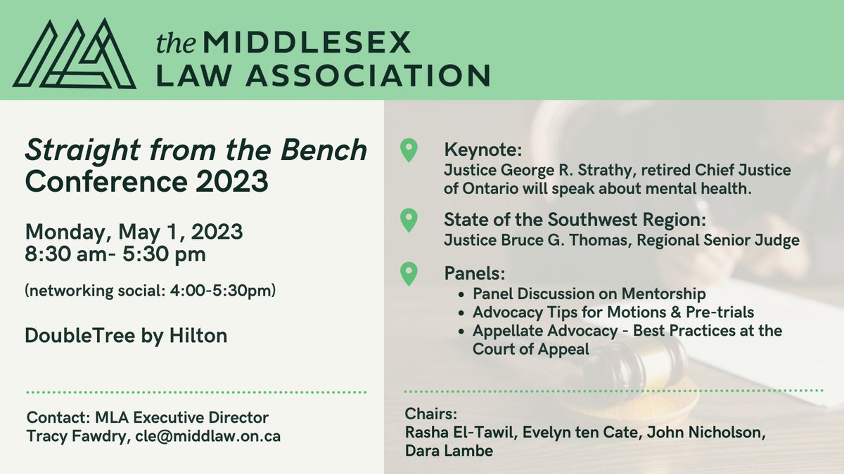 MiddLawAssn's tweet photo. Straight from the Bench Conference - Monday, May 1, 2023. Spaces still left so secure your spot today! - *|SFTB - two weeks left!|* https://t.co/YoCK9zLAEb
