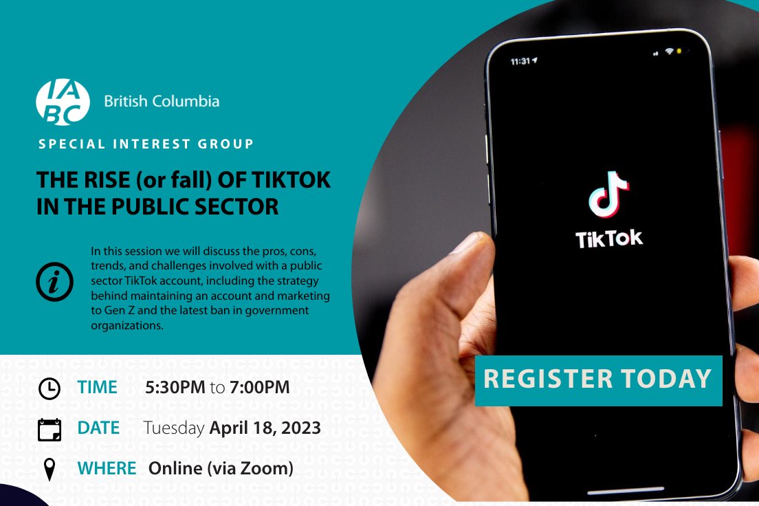 IABCBC's tweet photo. Reminder! Our virtual SIG - "The Rise (or Fall) of TikTok in the Public Sector” is happening on April 18. Join us for an evening to discuss the pros, cons, trends, and challenges involved:

📅 Tuesday, April 18 at 5:30 pm
🔗 Register today! https://t.co/jTMVhrxVDf https://t.co/JIWLiE3eH6