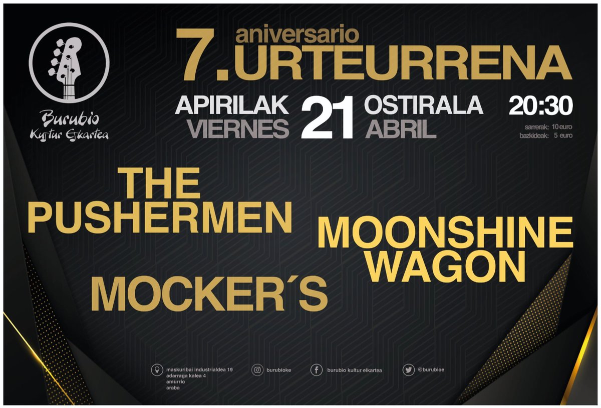 🔥OSTIRAL HONETAN!🔥
🎤 MOONSHINE WAGON + MOCKERS + THE PUSHERMEN
📅 APIRILAK 21 DE ABRIL, OSTIRALA
⌛ 20:30etatik aurrera
🎟 Sarrera orokorra 10€/bazkideak 5€
<a href="/mockersrock/">MOCKER´S</a> @moonshinewagon #thepushermen #burubio #burubioke