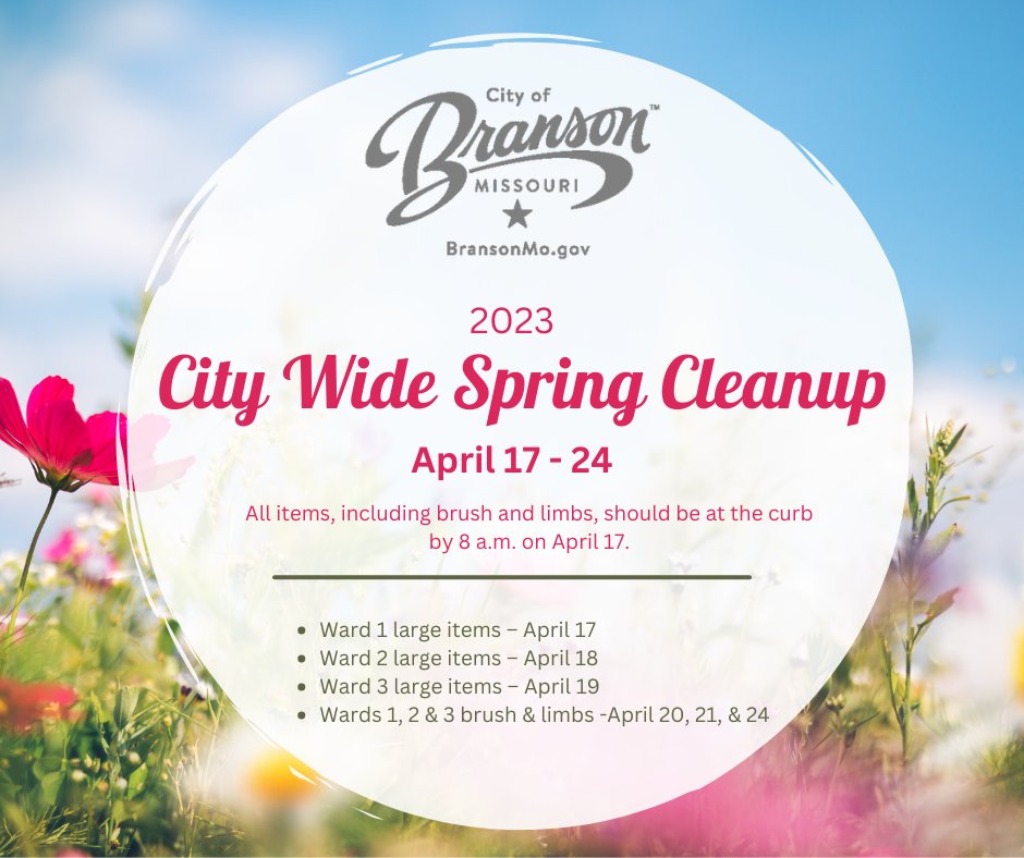 CityofBranson's tweet image. The City Wide #SpringCleanup is now underway! All items, including brush and limbs, should already be out on your curb!

For more information and details, read the full news release on the City's website, below:  bransonmo.gov/CivicAlerts.as…