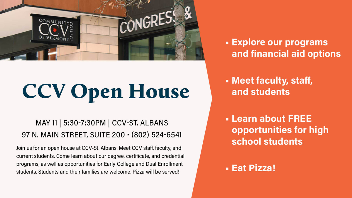 MiltonHSchool's tweet photo. Check out the upcoming Open House at Community College of Vermont's St. Albans location on May 11 from 5:30-7:30!
#CCV #OpenHouse #HigherEducation #College #FinancialAid #HighSchoolStudents #ExplorePrograms #MeetFaculty #FreeOpportunities #StAlbans https://t.co/aOcL5LXVX1