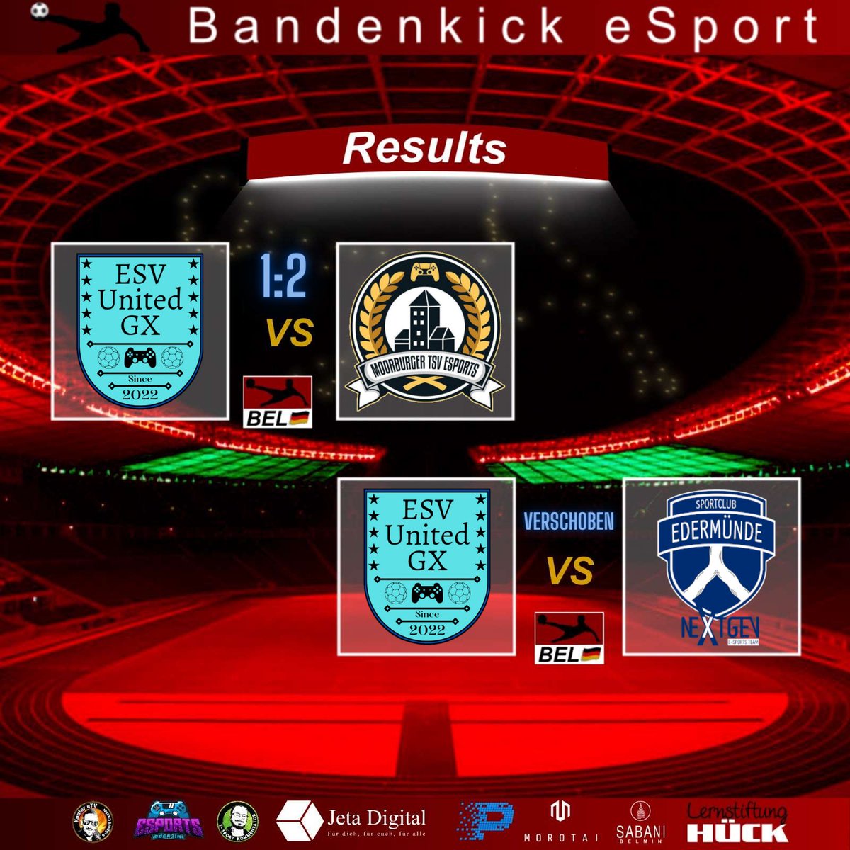 Leider mussten wir uns gegen den Moorburger TSV geschlagen geben...  Das Spiel gegen SC Edermünde E-Sports wurde verschoben.
<a href="/bandenkick/">Bandenkick</a>
<a href="/lernstiftung/">Lernstiftung Hück</a>
<a href="/MagazineClubs/">eSports Magazine Pro</a>