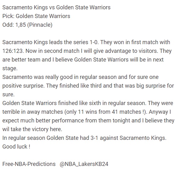 Sacramento Kings vs Golden State Warriors
Pick: Golden State Warriors
Odd: 1,85 (Pinnacle)
