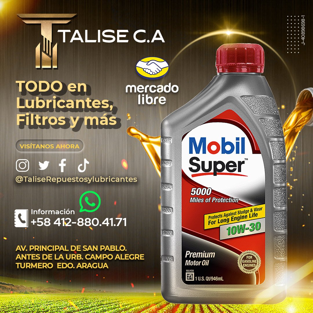 No arriesgues la vida útil de tu motor, confía en aceites de larga duración para protegerlo.
Te tenemos las mejores marcas.
Somos Tienda Física
☎+58 412-880.41.71
Tenemos las mejores ofertas. HAZ TU PEDIDO AL MAYOR y al DETAL!
@taliserepuestosylubricantes
instagram.com/p/CrBjs3dMb4g/…