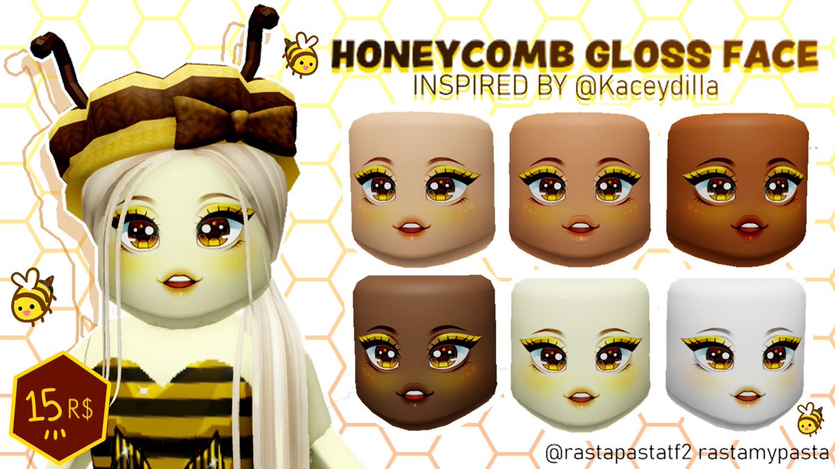 rastapastatf2's tweet photo. 🐝NEW FACE!🍯a honey inspired face for @KaceydiIIa , the first winner of my event last week! pick this up in my group for 15R$ - links in desc! 💛✨ #roblox #robloxugc #robloxart https://t.co/6xclJWtNKG