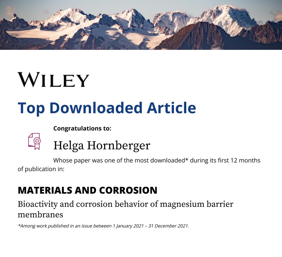 Prof. Helga Hornberger aus dem Labor #Biomaterialien der OTH Regensburg (im #RCBE ) mit einem "Top Downloaded Article" in "Materials and Corrosion" des Verlags #Wiley Herzlichen Glückwunsch!