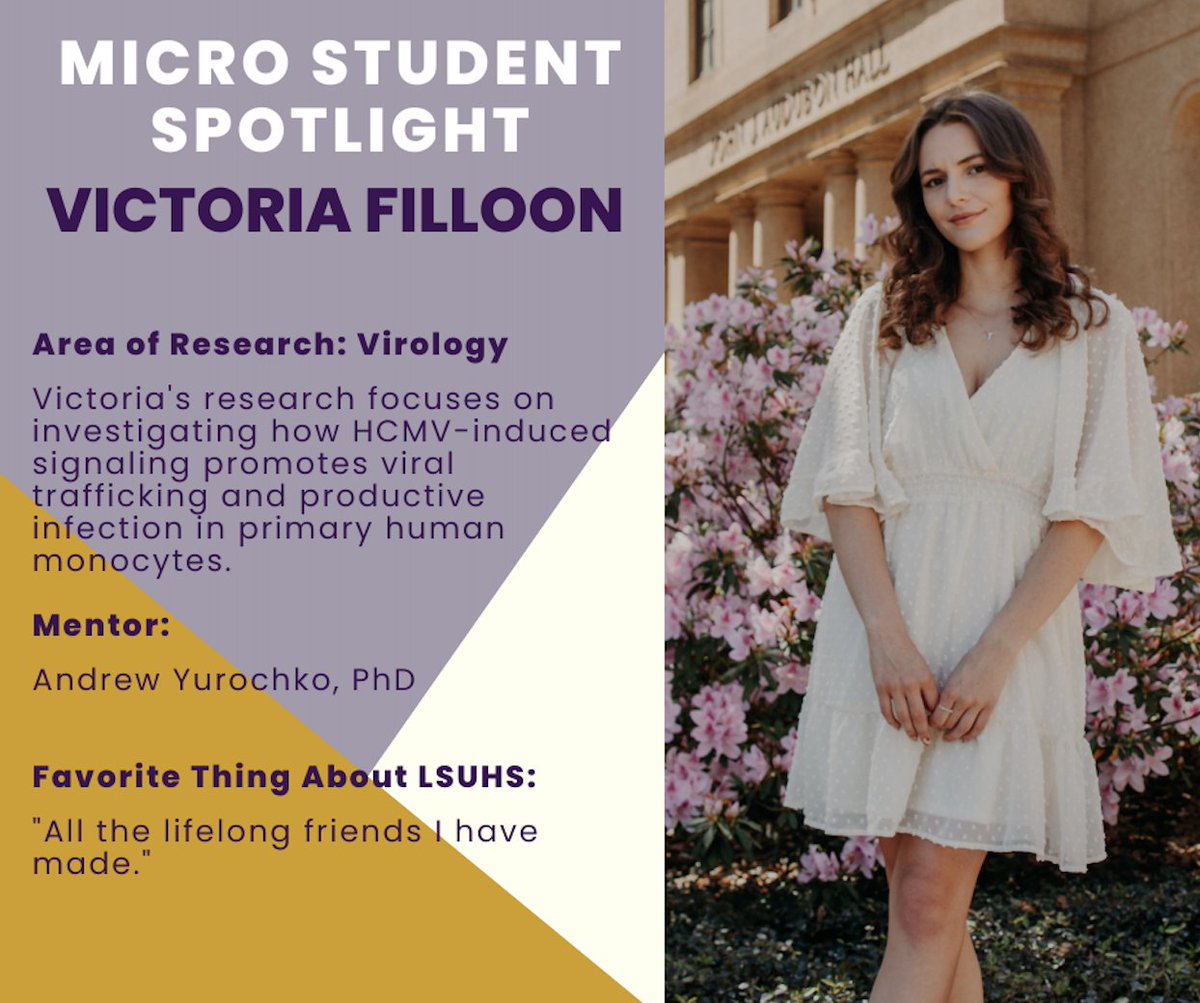 LSU Health Shreveport Microbiology and Immunology (@lsuhs_micro) on Twitter photo This week's Micro Student Spotlight is on Victoria Filloon!
<a href="/LSUHS_PhD/">LSUHS School of Graduate Studies</a> <a href="/LSUHS/">LSU Health Shreveport</a> #HCMV #virology #womeninSTEM #viraltrafficking #andrewyurochkolab #gradstudent #monocytes This week's Micro Student Spotlight is on Victoria Filloon!
<a href="/LSUHS_PhD/">LSUHS School of Graduate Studies</a> <a href="/LSUHS/">LSU Health Shreveport</a> #HCMV #virology #womeninSTEM #viraltrafficking #andrewyurochkolab #gradstudent #monocytes